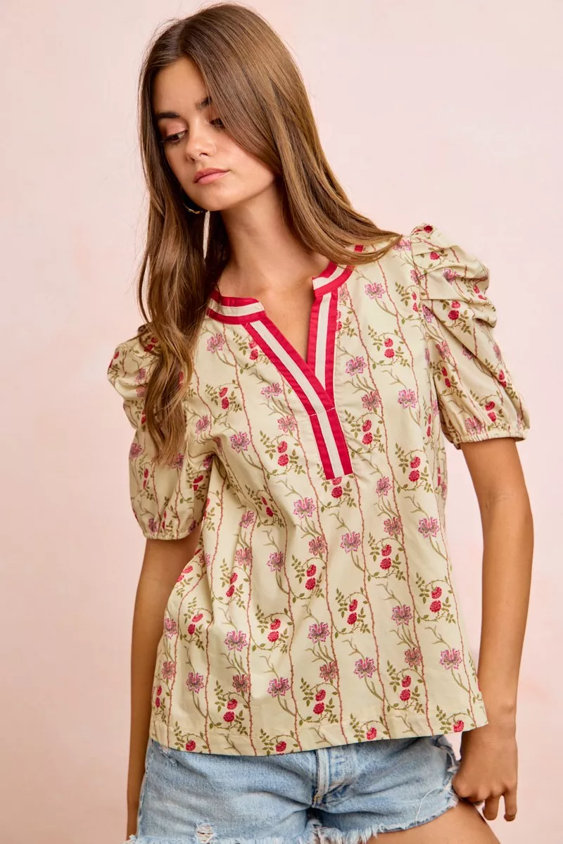 Floral Gather Sleeves Contrast Neckband Blouse Top, image 16