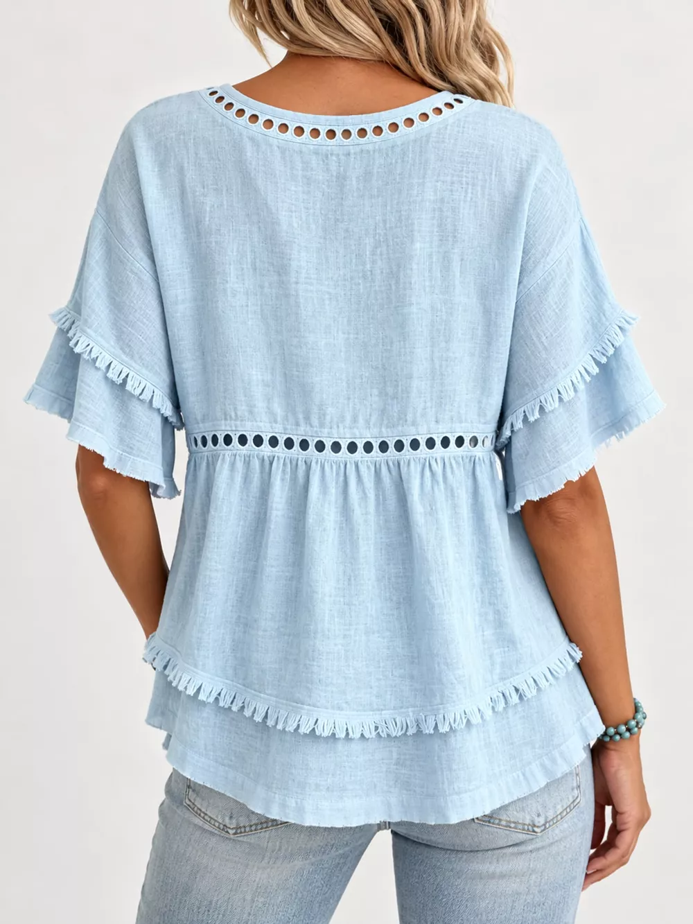 Full Size Frayed Hem V-Neck Blouse Plus Size, image 10