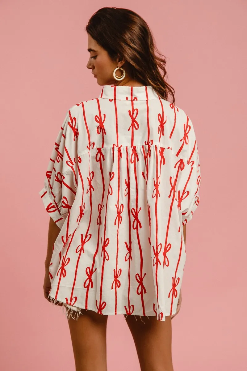 Bow Ribbon Woven Printed Button Down Shirt, image 6
