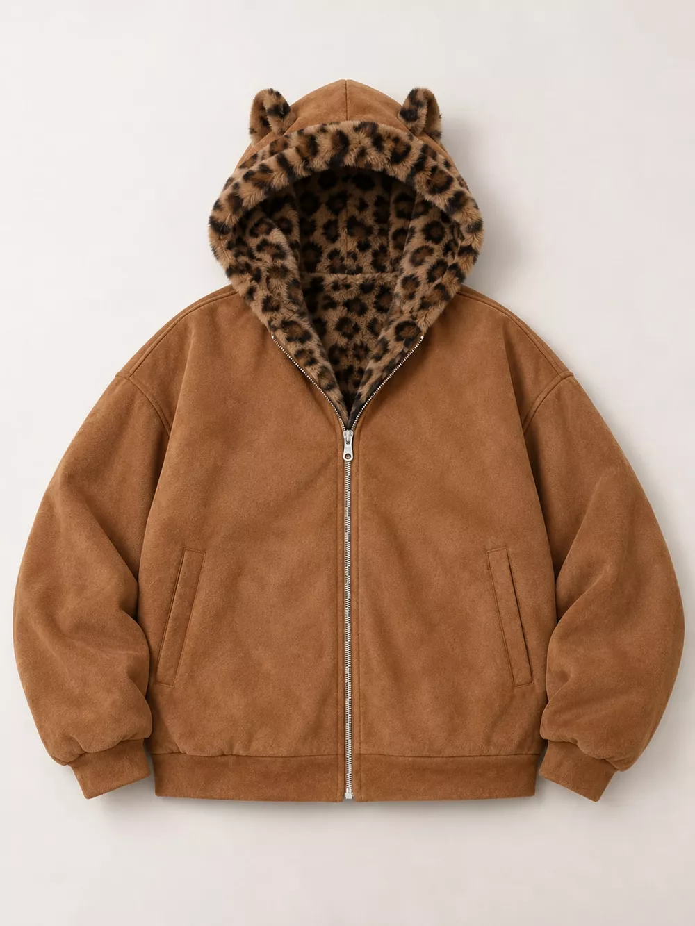 Leopard Faux Fur Lined Zip Up Jacket, image 3