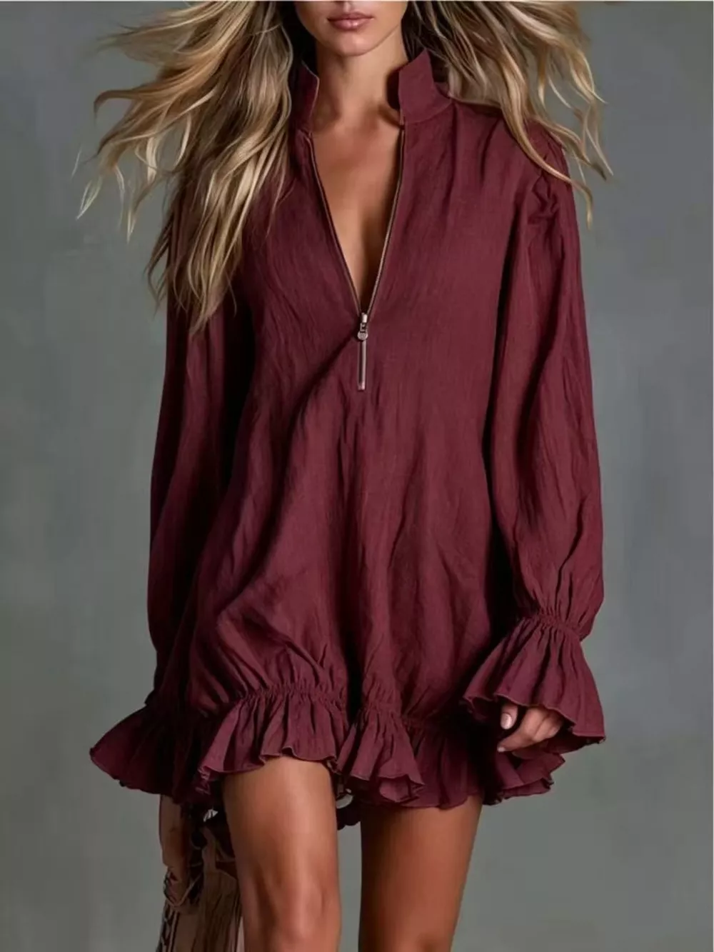 Zipper-Front Ruffle Hem Mini Dress, image 6