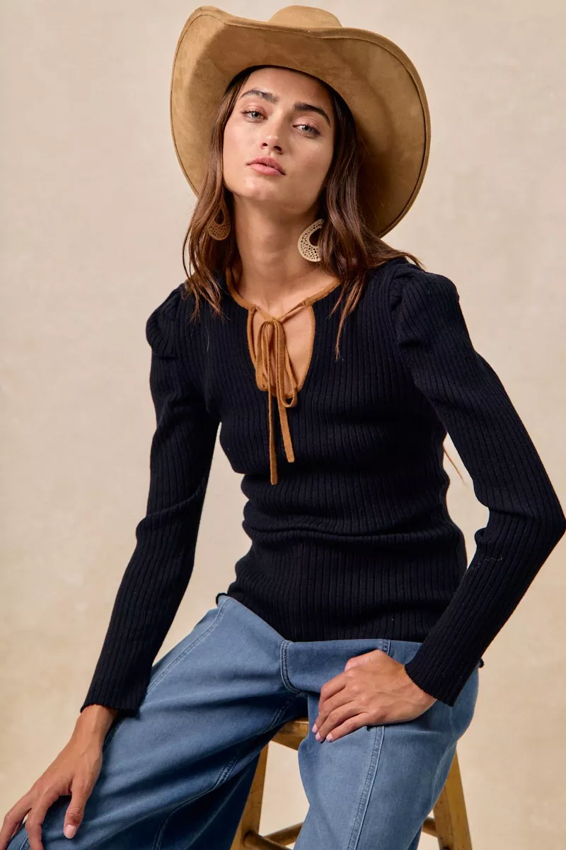 Ribbed Contrast Front Tied Top with Shrried, image 14