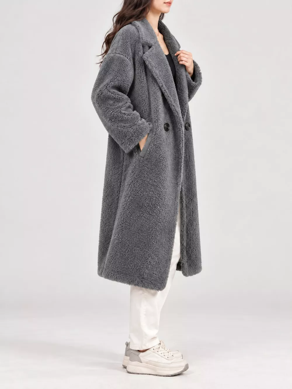 Double-Breasted Fuzzy Longline Outerwear, image 2