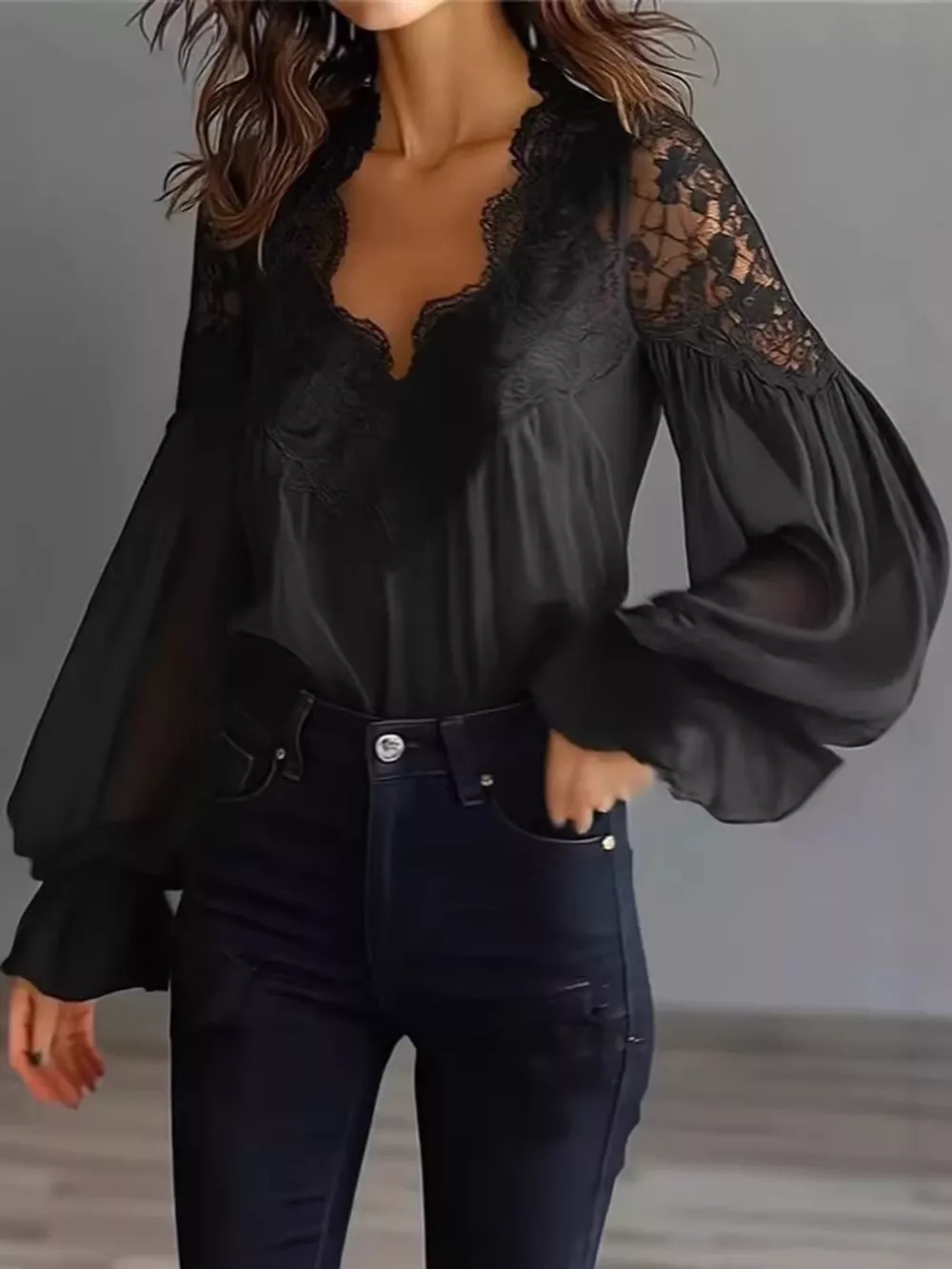 Full Size Lace V-Neck Flounce Sleeve Blouse Plus Size, image 3