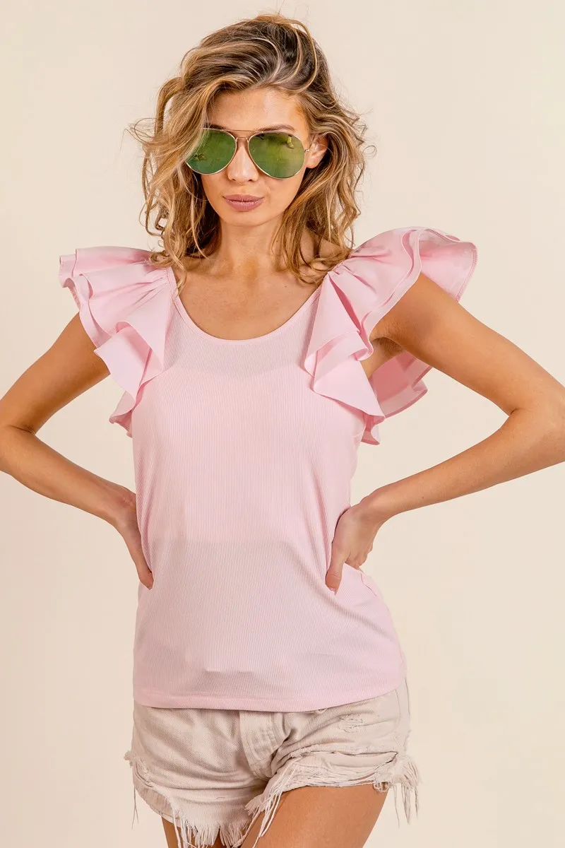 Wide Layered Ruffle Sleeve Scoop Neck Ribbed Top, image 19