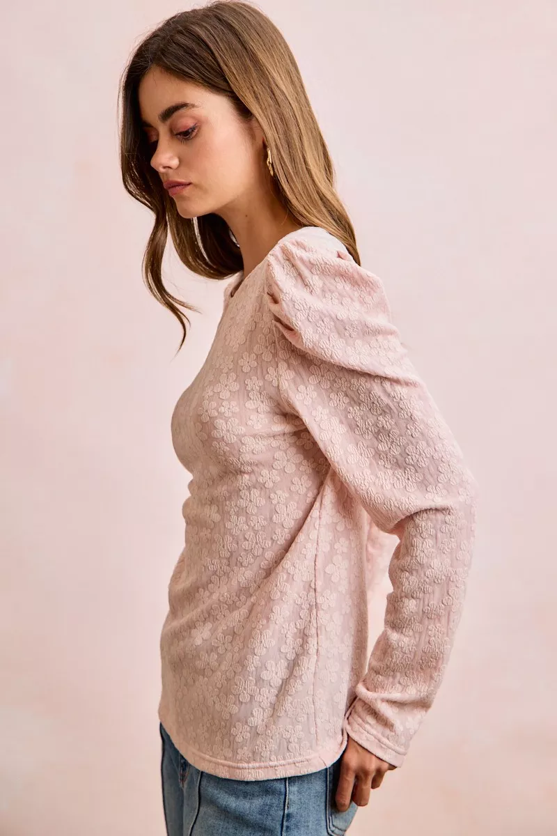 Textured Flower Knit Puff Shoulder Top, image 19