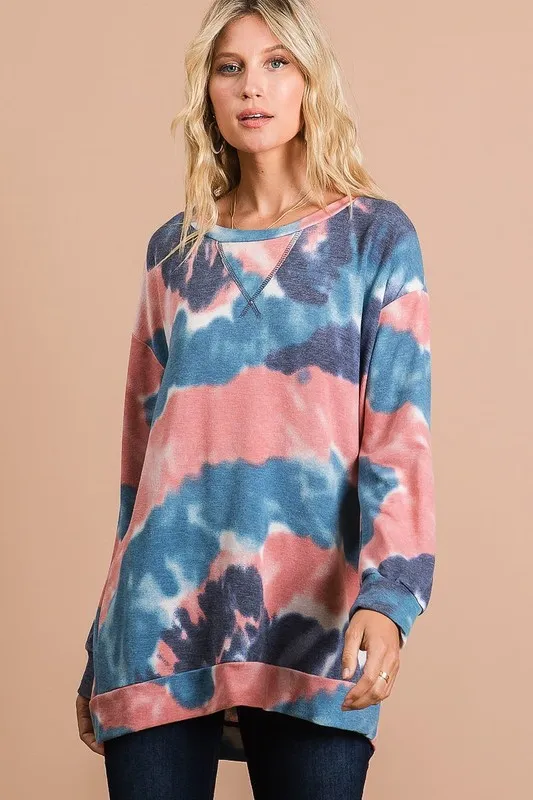 Tie Dye French Terry Pull Over with Front Stitching Detail