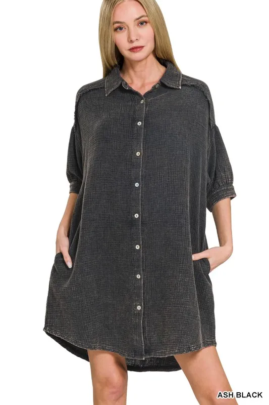 Washed Double Gauze Button Down Shirt Dress, image 4