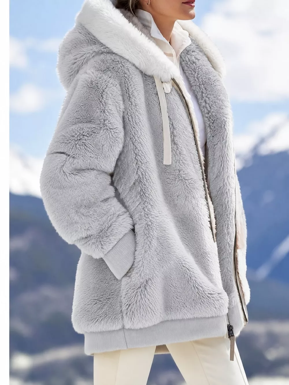 Full Size Faux Fur Zip Up Hooded Outerwear Plus Size, image 24