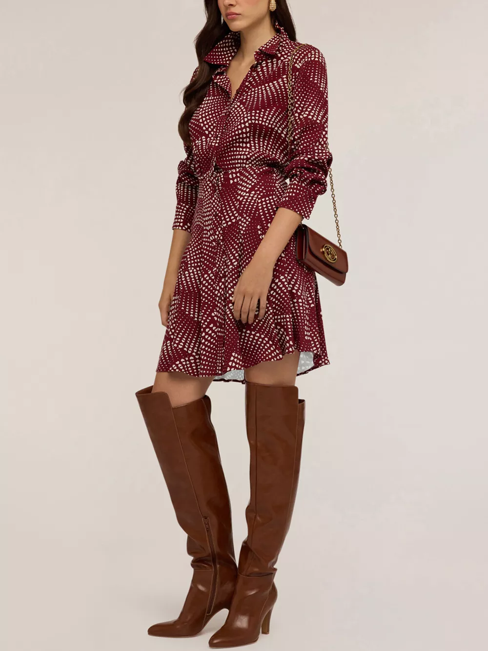 Printed Long Sleeve Mini Shirt Dress, image 3