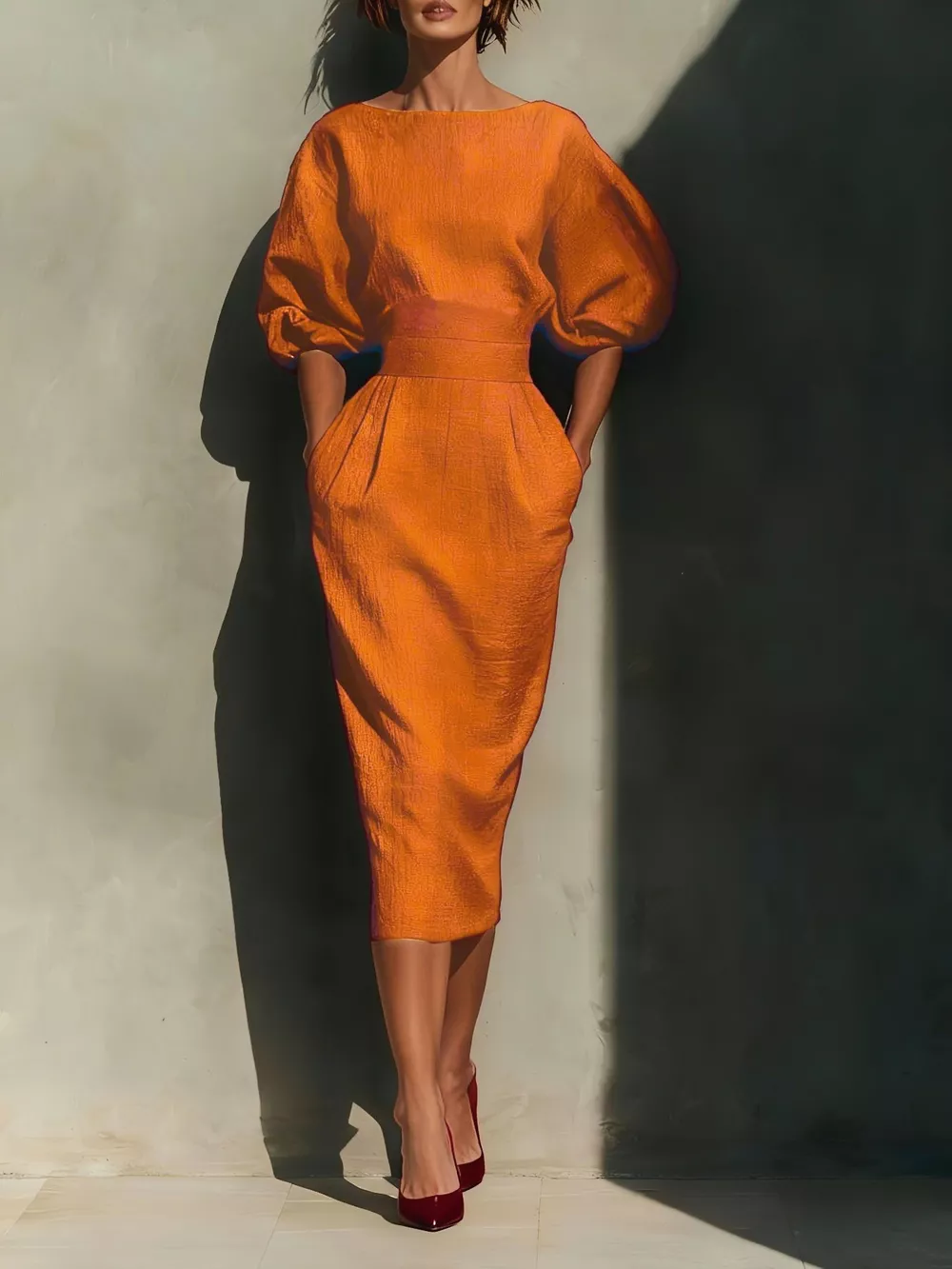 Round Neck Puff Sleeves Midi Dress, image 6