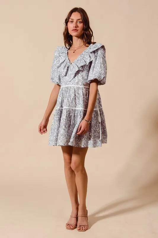 Cotton Printed Ruffle V Neckline Dress with Side Tie, image 10