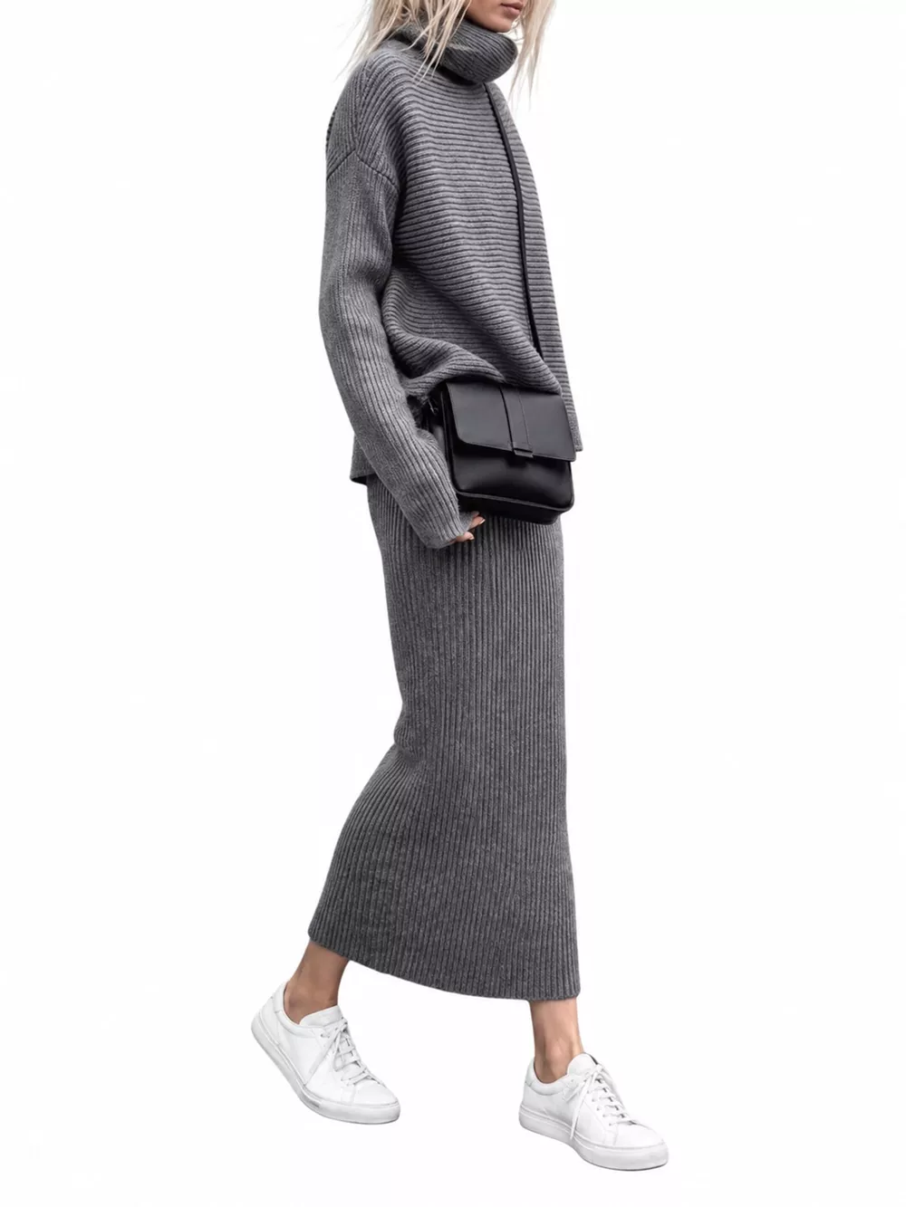 Ribbed Turtleneck Sweater Set with Matching Midi Skirt, image 3