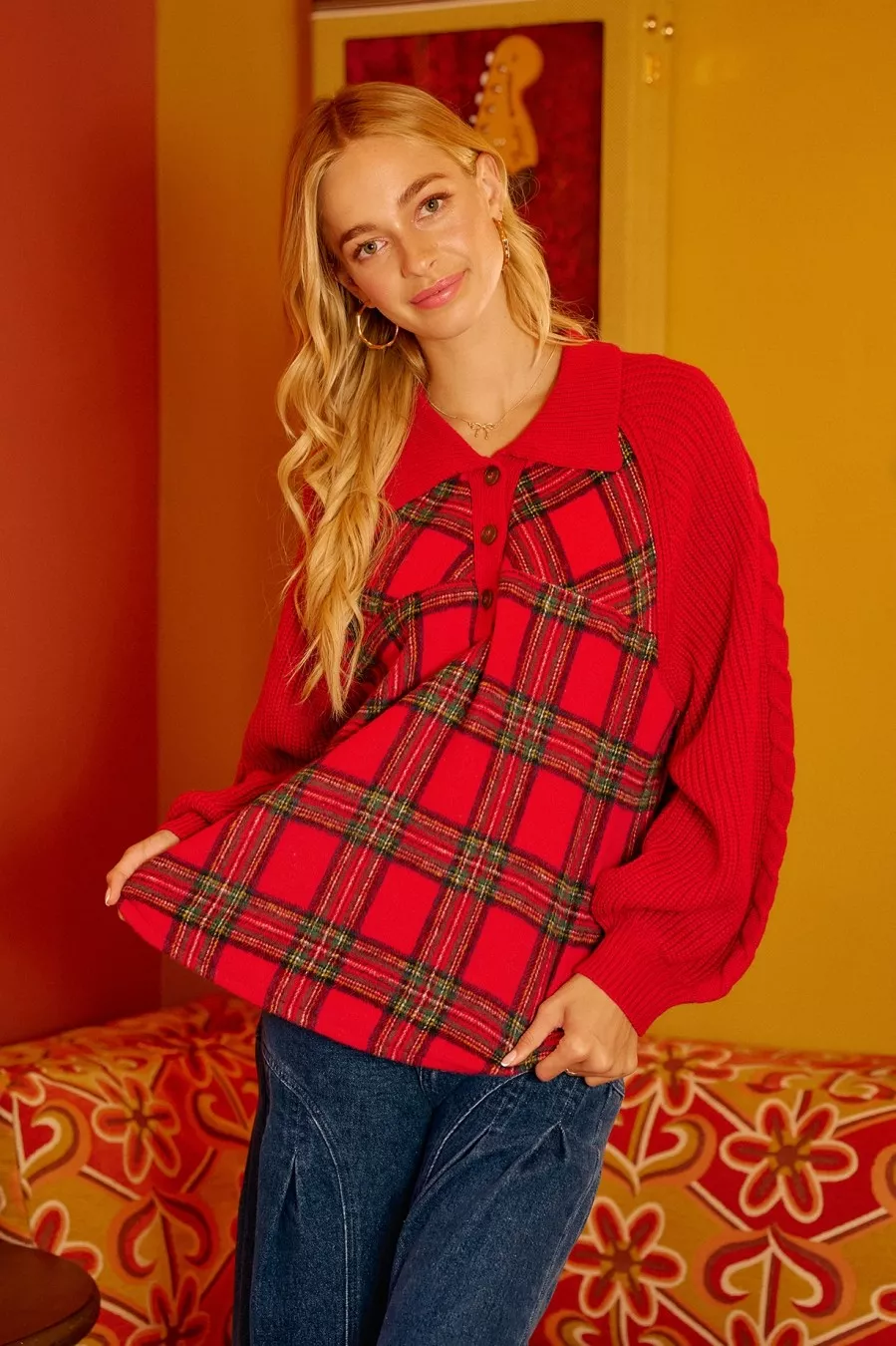 Plaid Buttoned Collared Top with Sweater Sleeve, image 9