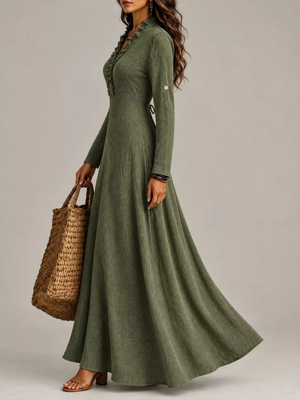 Full Size Frill Roll-Up Sleeve Maxi Dress Plus Size, image 22