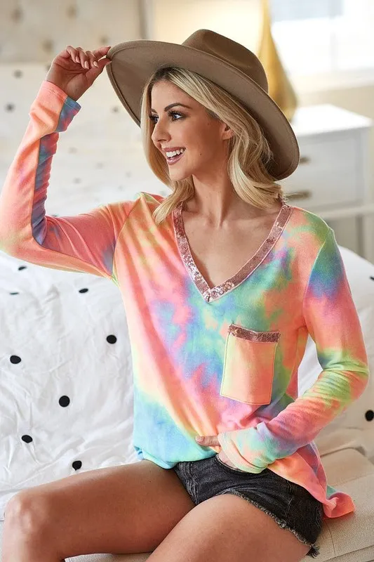 Tie Dye V-neck Terry Knit Top With Sequins, image 2