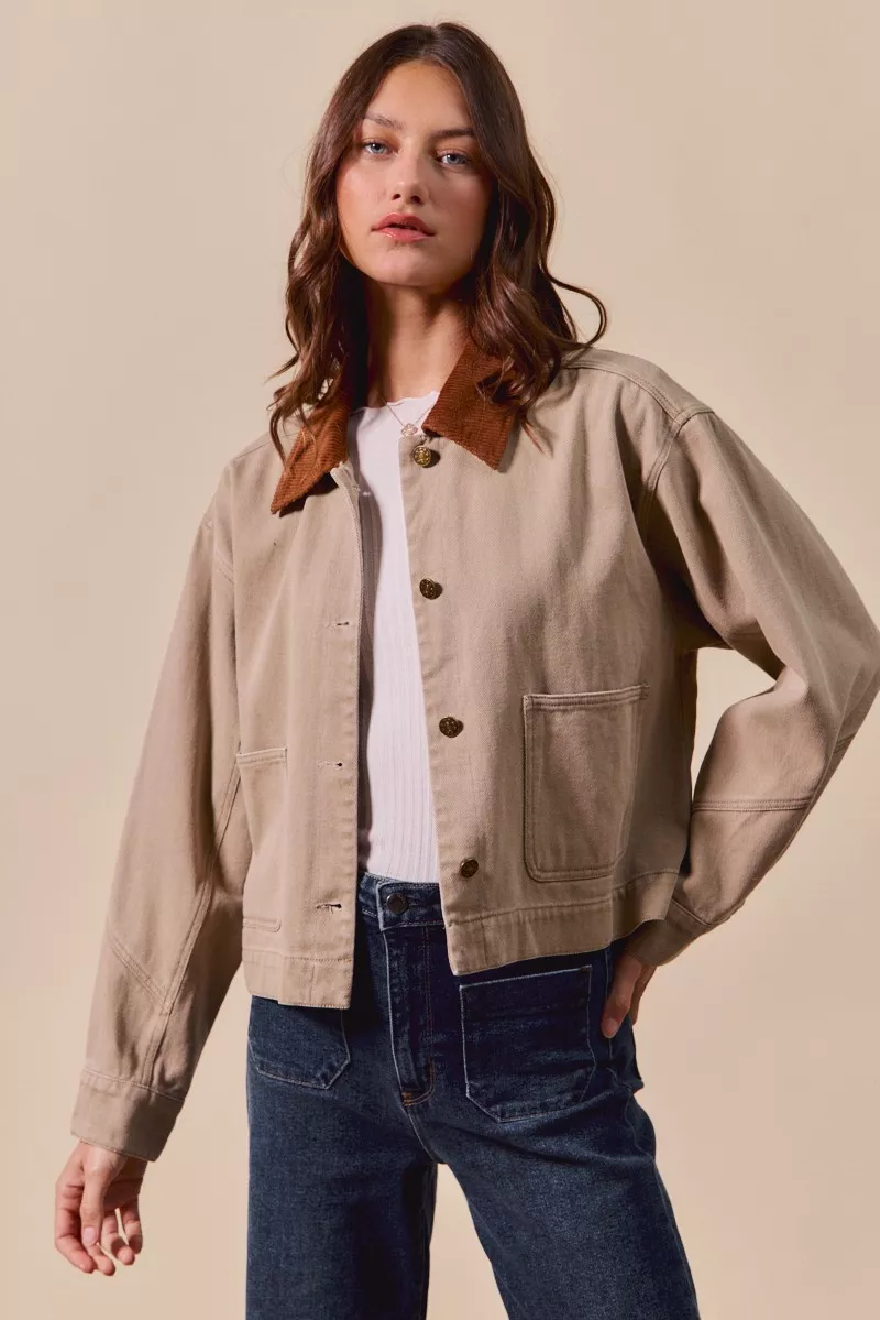 Cotton Twill Cropped Barn Jacket wtih Collar, image 11