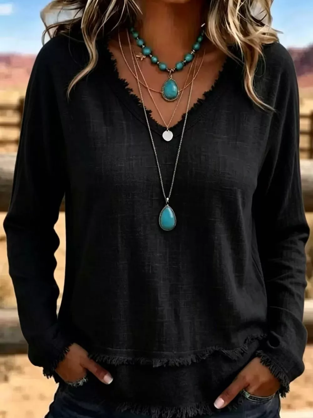 Full Size Frayed Hem V-Neck Blouse Plus Size, image 11
