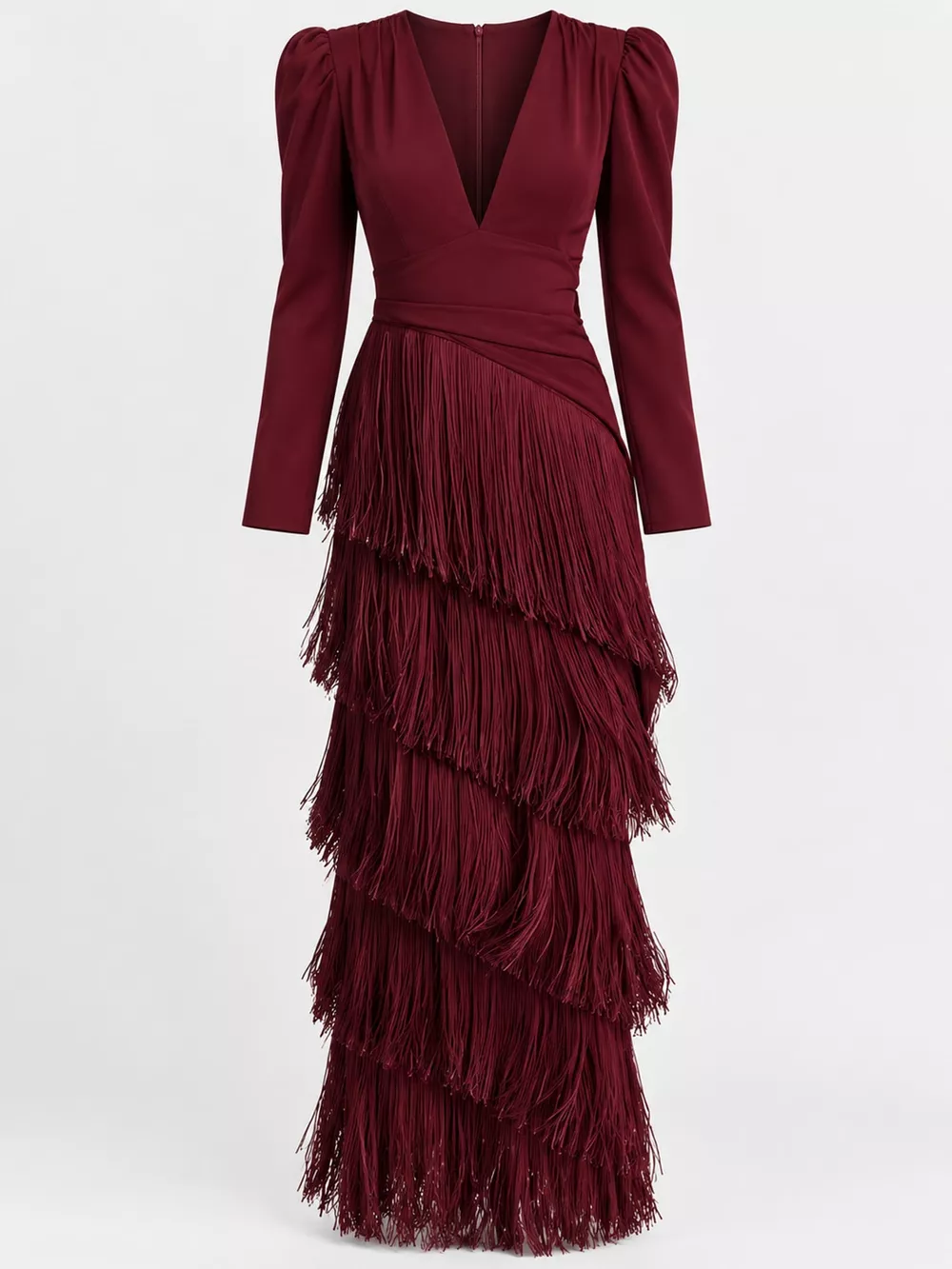 Fringed V-Neck Puff Sleeve Maxi Dress, image 27