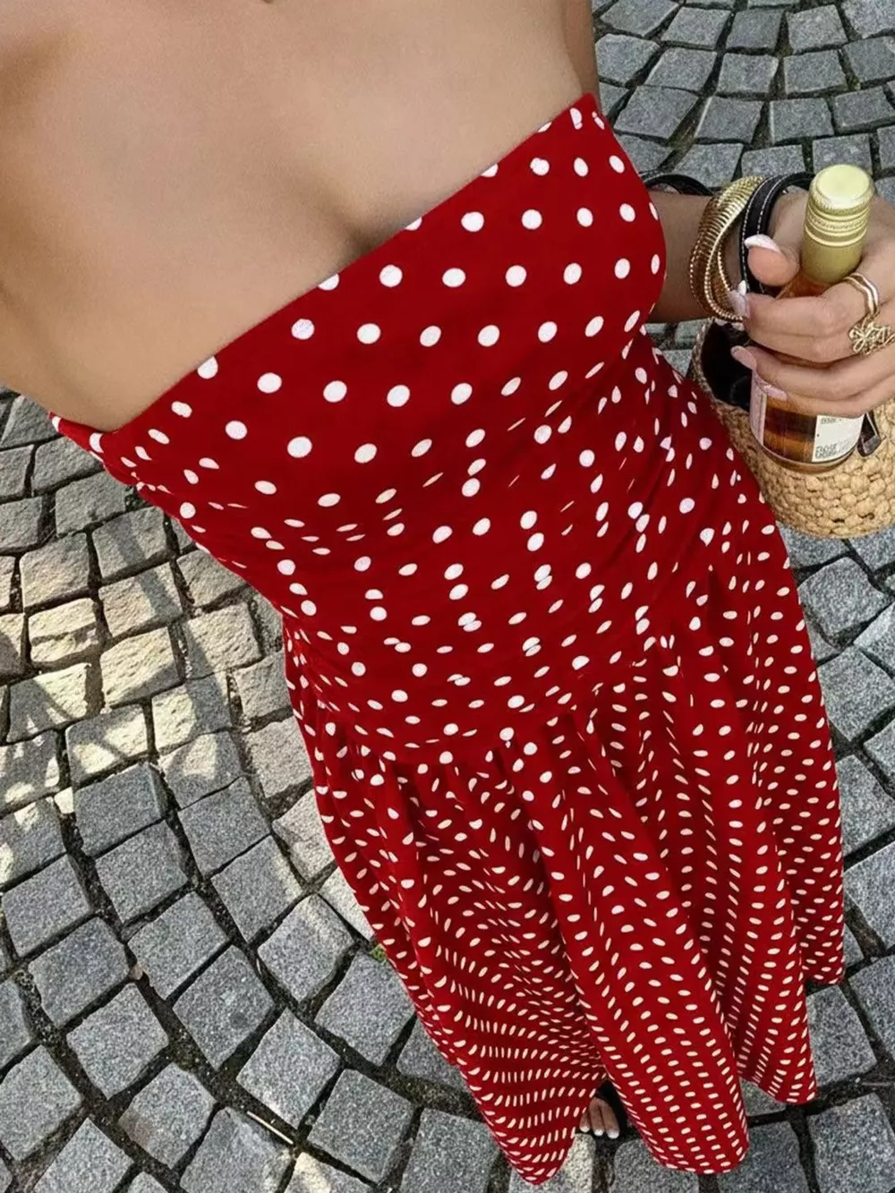 Strapless Polka Dot Ruched Maxi Dress, image 15