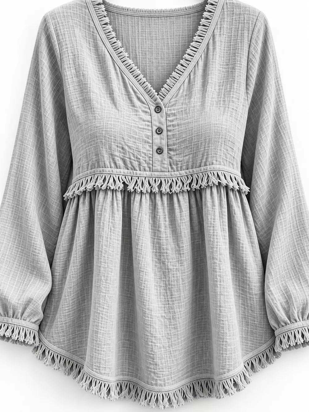 Full Size Fringed Trim V-Neck Long Sleeve Blouse Plus Size, image 63