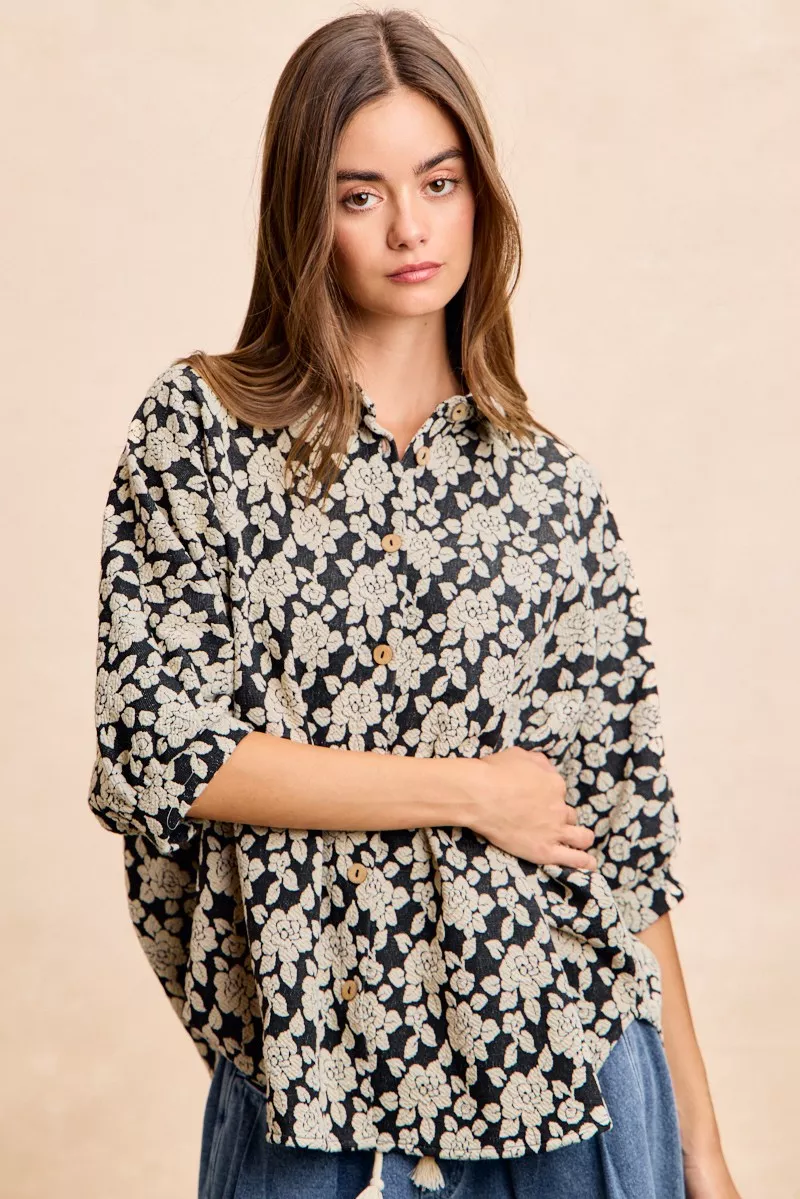 Floral Jacquard Short Dolman Sleeves Shirt, image 16