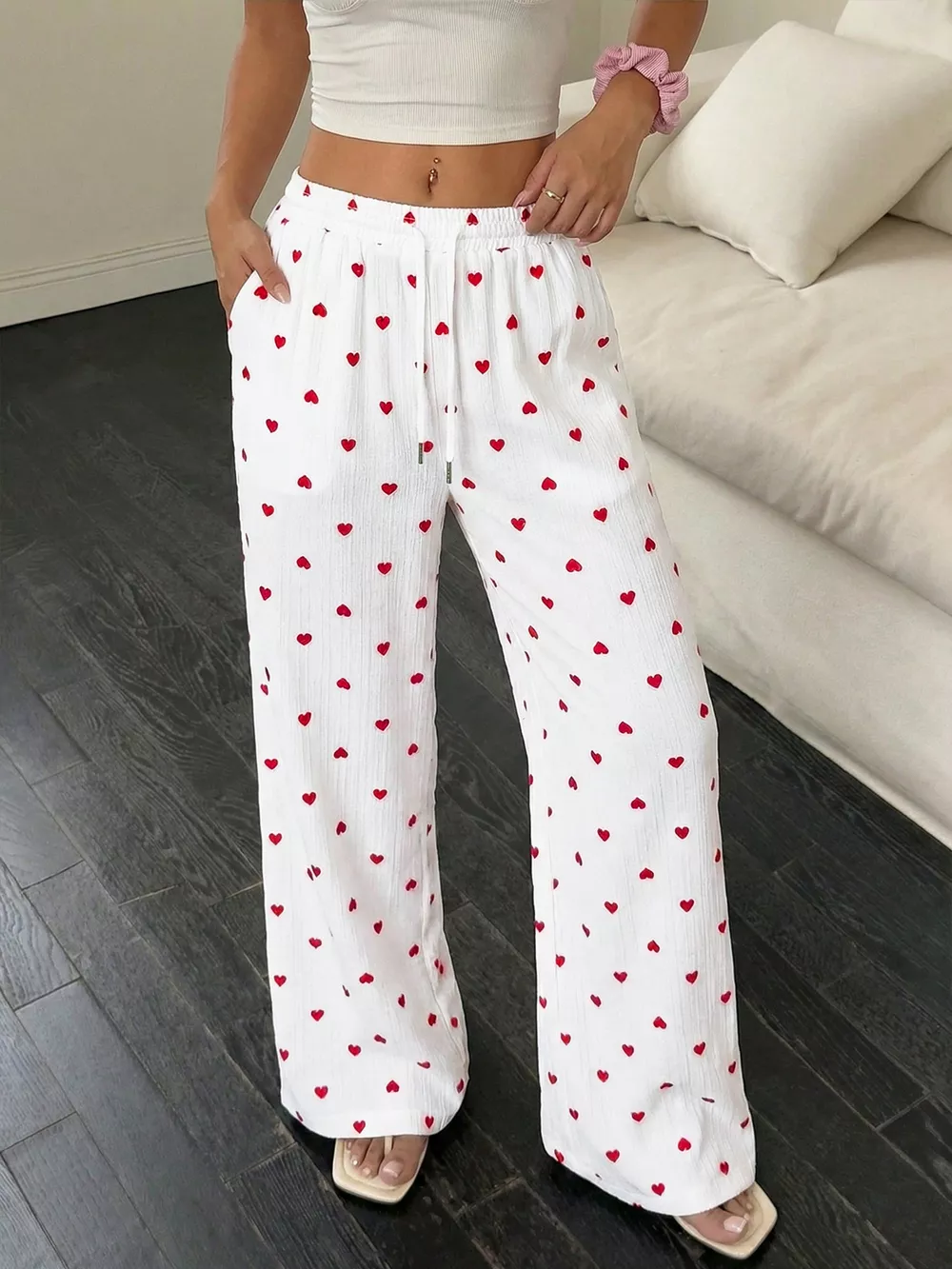 Heart Print Drawstring Waist Wide Leg Pants, image 9