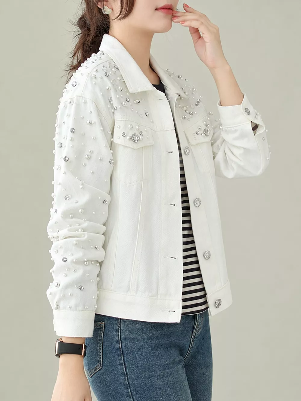 Pearl Detail Button Up Denim Jacket, image 11