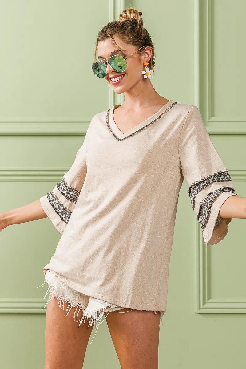 Triblend Knit Top with Leopard Band Detail, image 5