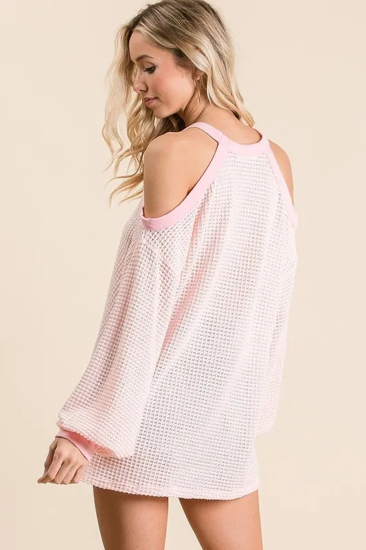 Popcorn Waffle Top with Cold Shoulder Detail, image 3