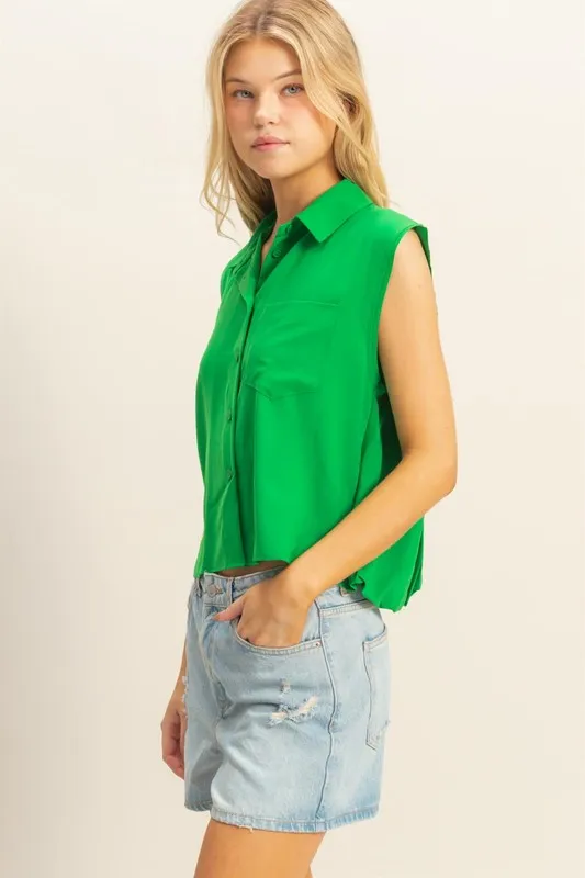 Buttoned Front Sleeveless Collar Shirt, image 5