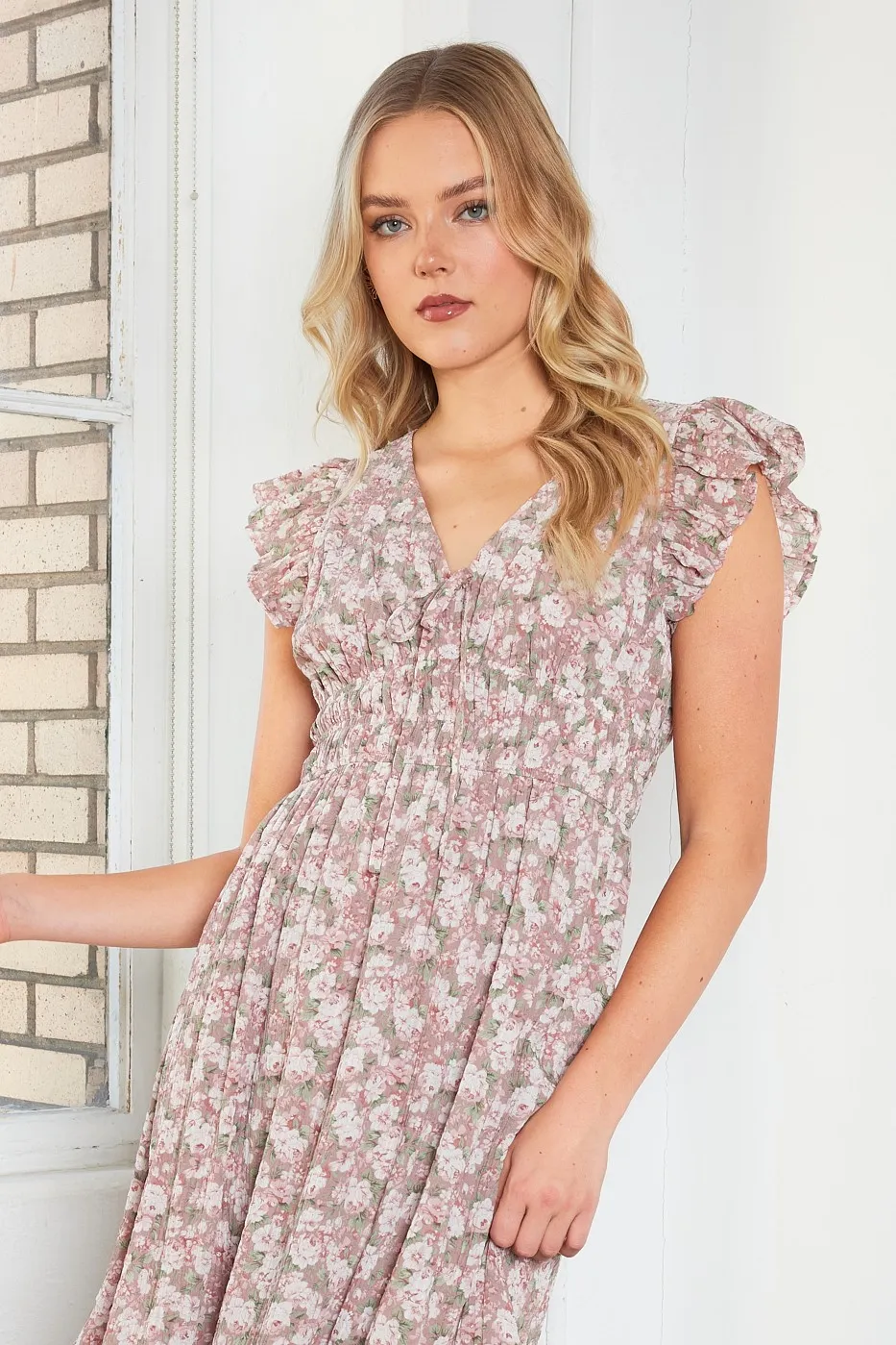 Flower Print Ruffle Cap Sleeve V-neck Midi Dress, image 2