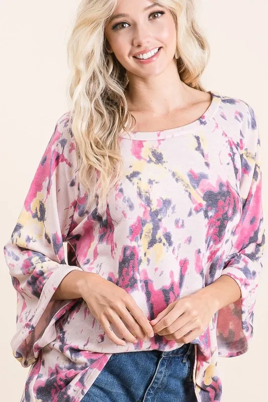 Tie Dye Print Terry A Line Top with Bell Sleeves, image 6