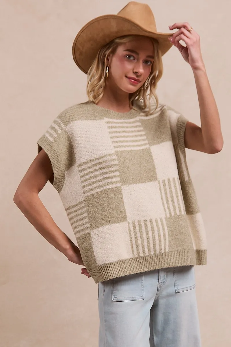 Checker With Stripes Pattern Sleeveless Sweater