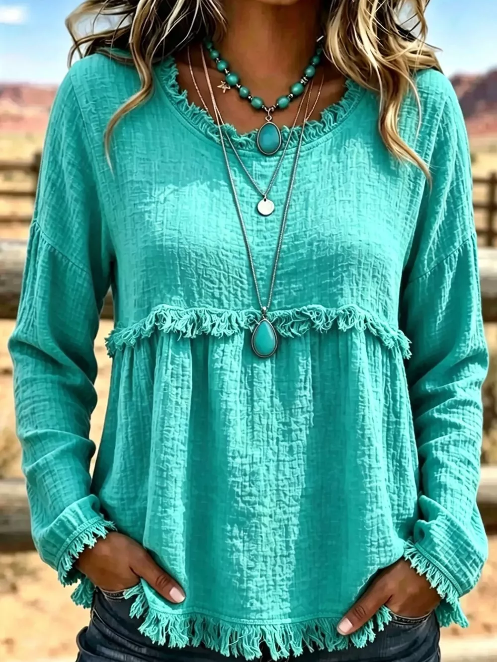 Full Size Frayed Hem Textured Blouse Plus Size, image 9