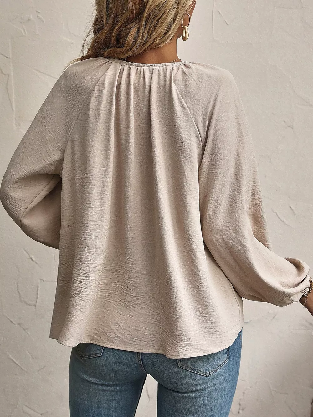 V-Neck Tie-Front Long Sleeve Blouse with Textured Fabric, image 7