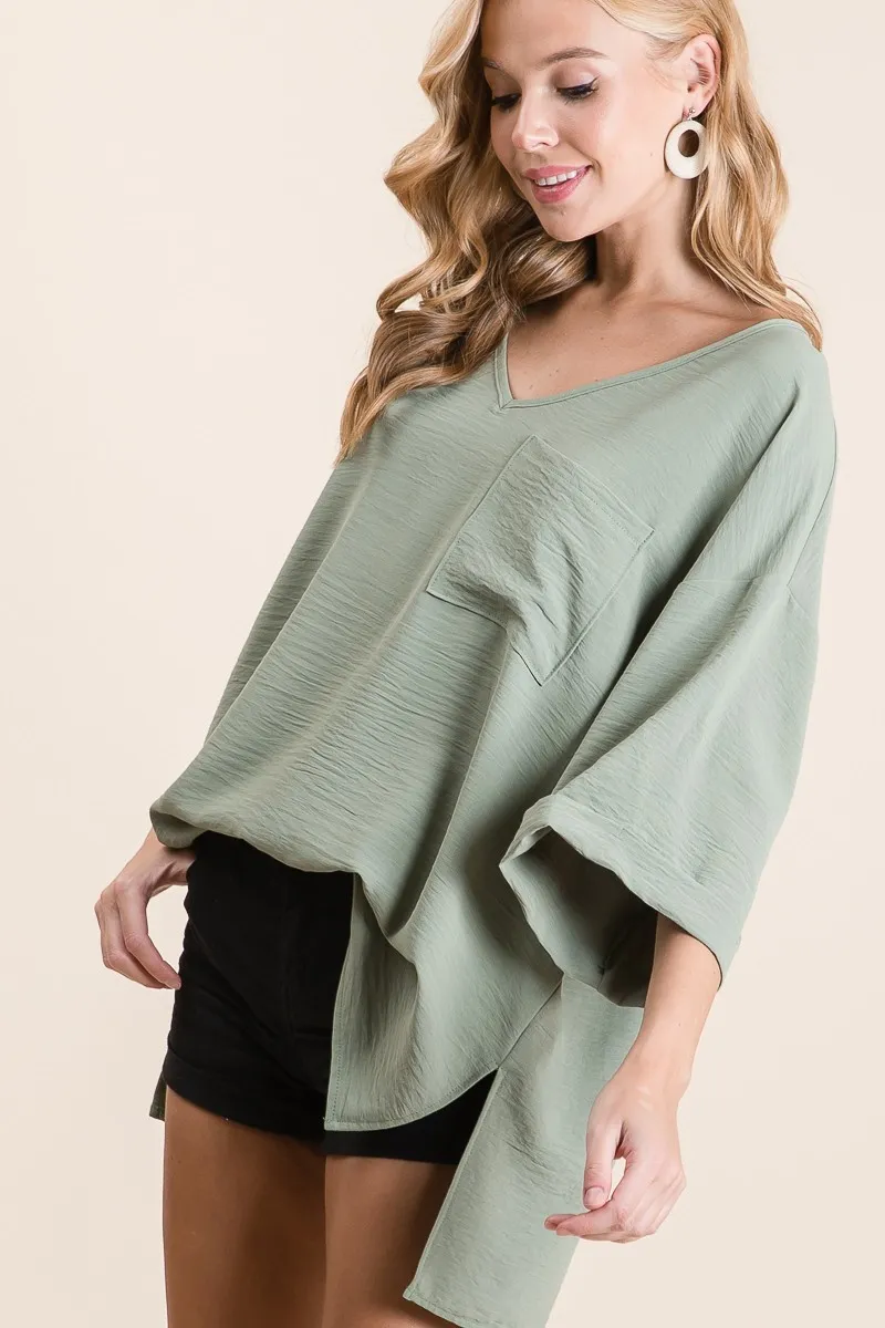 Flowy Woven V-Neck Top with Rolled Up Cuffs, image 5