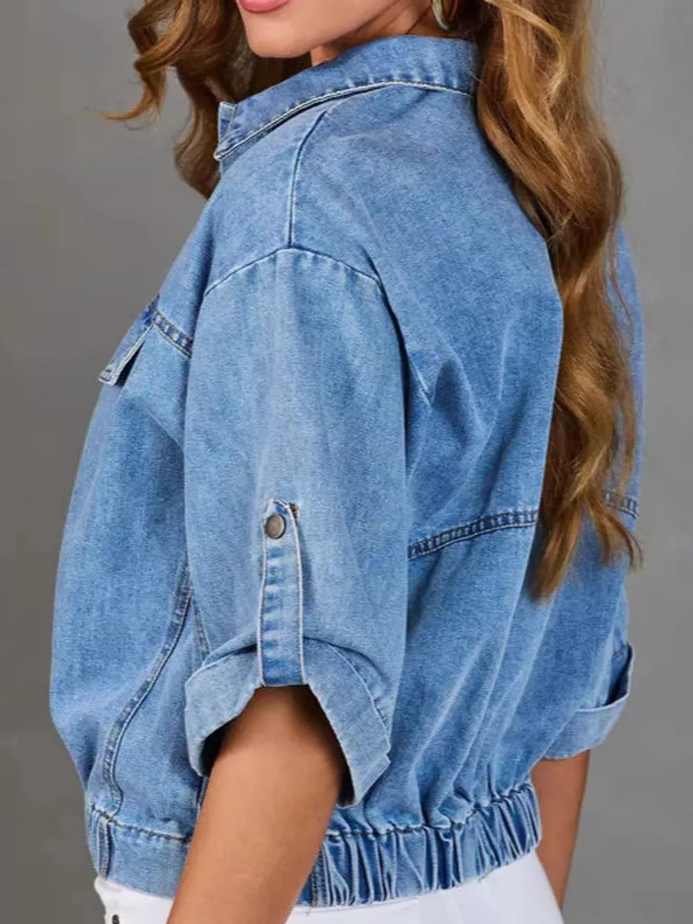 Elastic Hem Denim Jacket with Roll-Up Sleeves, image 3