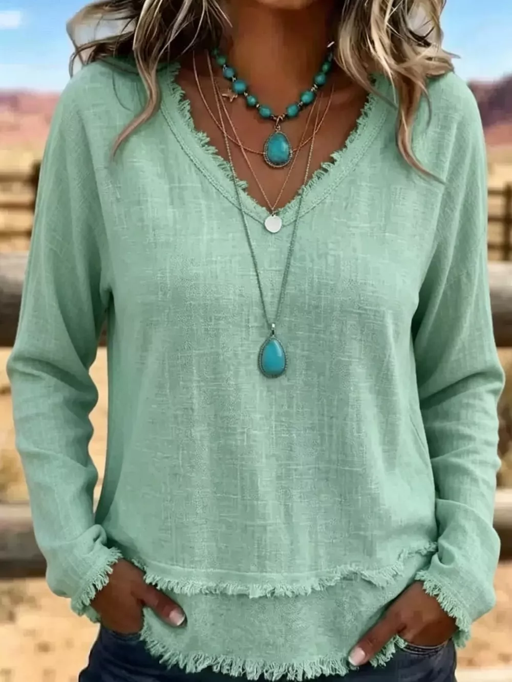 Full Size Frayed Hem V-Neck Long Sleeve Blouse Plus Size, image 46