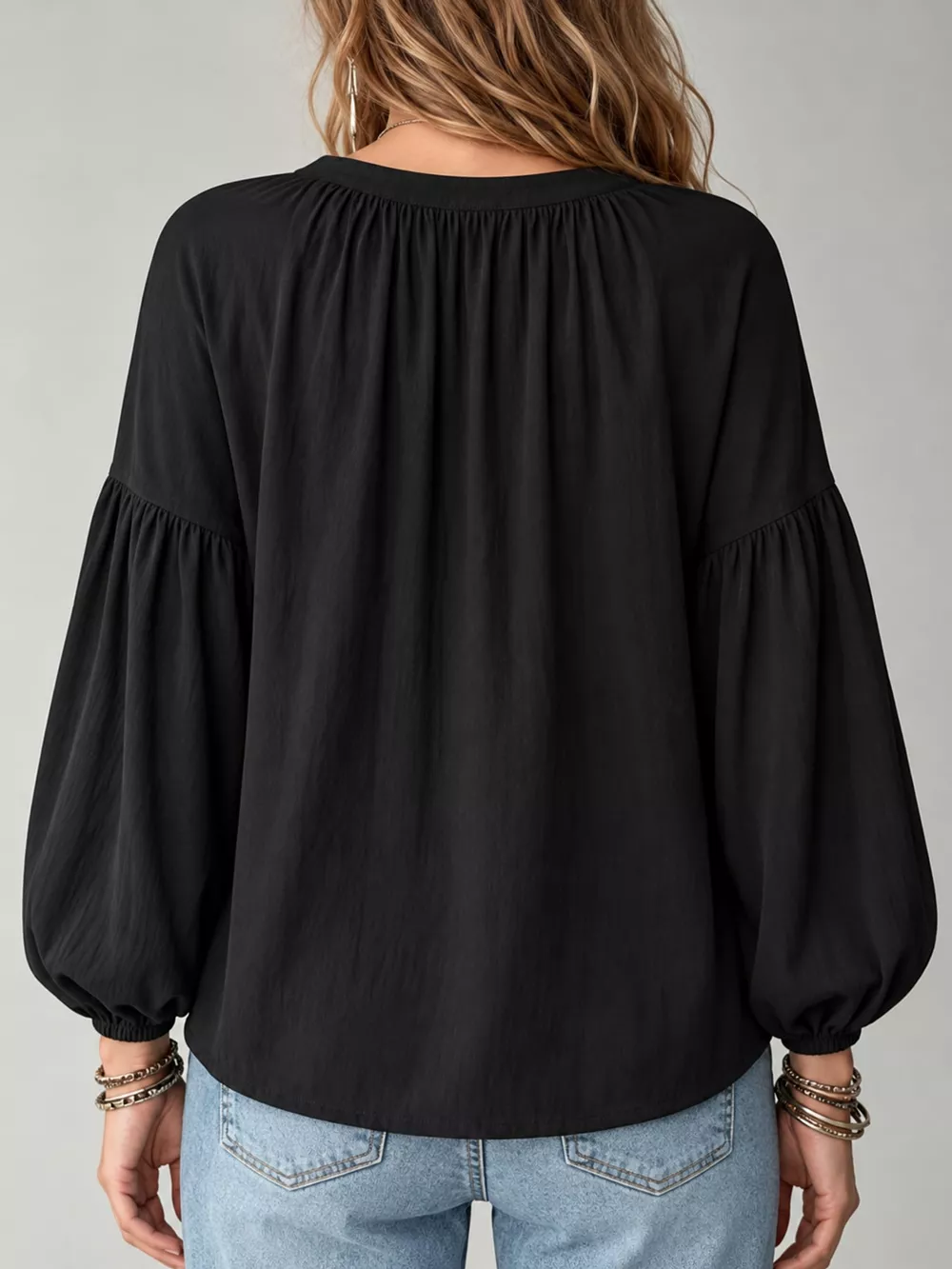 Full Size Notched Balloon Sleeve Blouse Plus Size, image 8