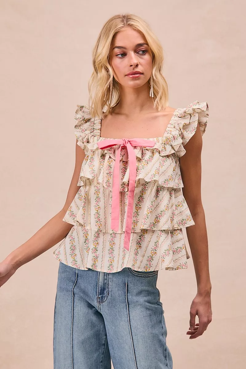 Floral Printed Woven Front Bow Tied Ruffled Square Neck Sleeveless Top, image 10