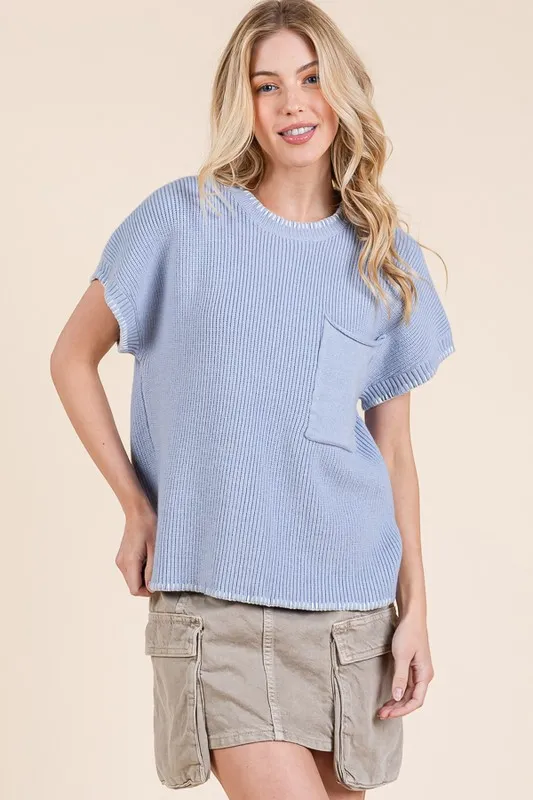 Solid Cap Sleeve Stitch Edge Knit Sweater, image 8