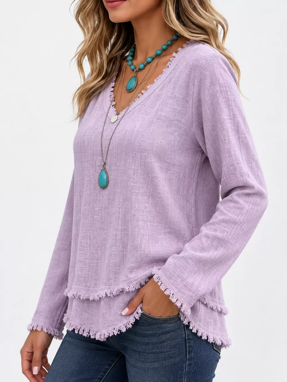 Full Size Frayed Hem V-Neck Blouse Plus Size, image 57