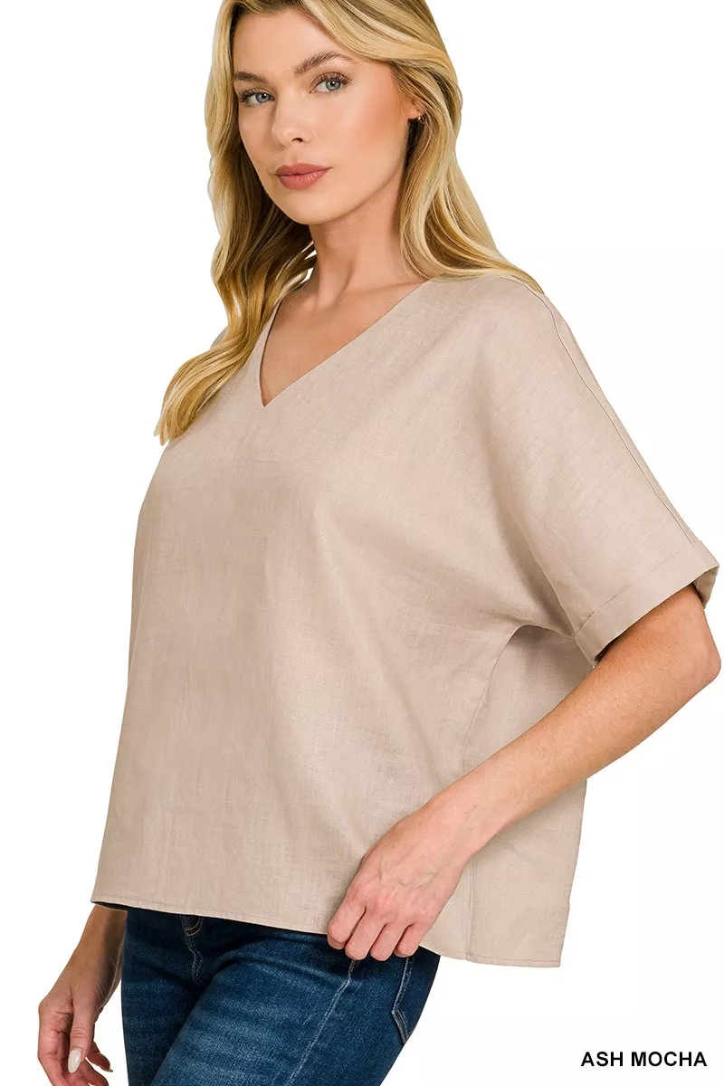 Linen V-Neck Cuffed Sleeve Top, image 3
