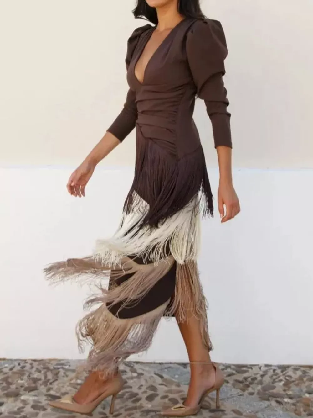 Fringed V-Neck Puff Sleeve Maxi Dress, image 16