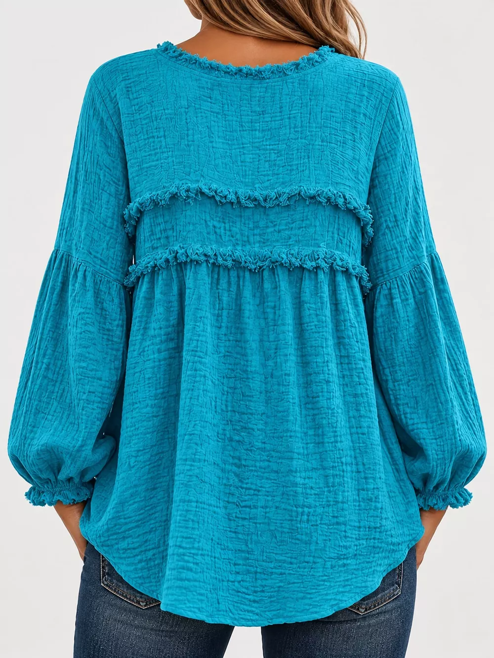 Full Size Boho Chic Textured Frayed Trim Peplum Blouse Plus Size, image 36
