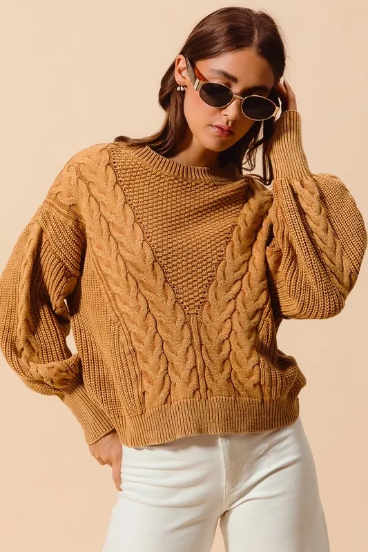Mineral Washed Loose Fit Textured Cable Sweater, image 8
