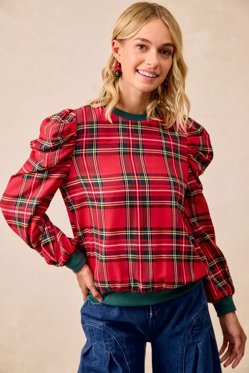 Christmas Plaid Exaggerated Shoulder Sleeves Top, image 14
