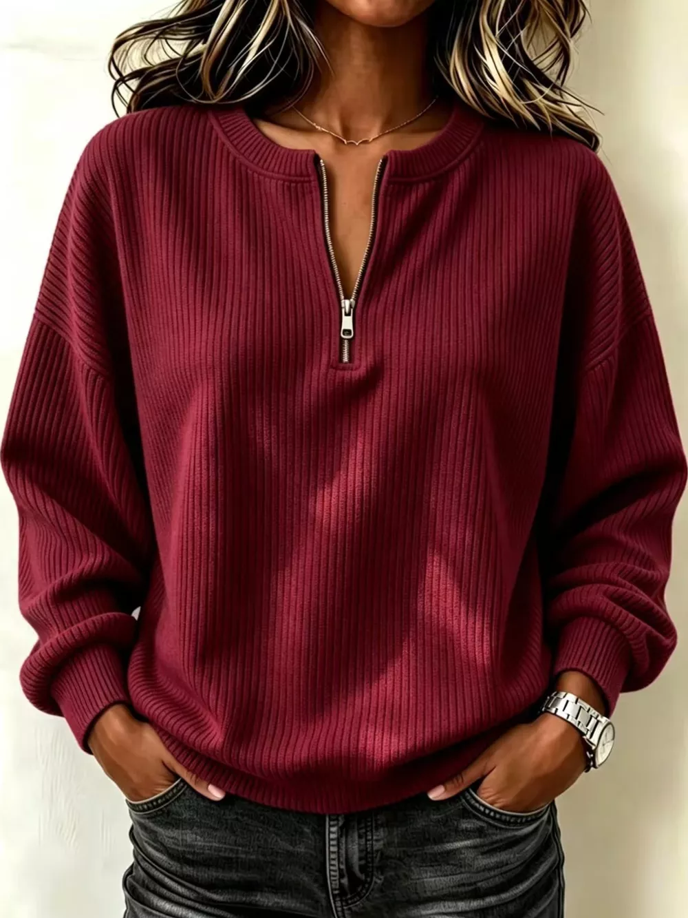 Full Size Quarter-Zip Dropped Shoulder Sweatshirt Plus Size, image 5