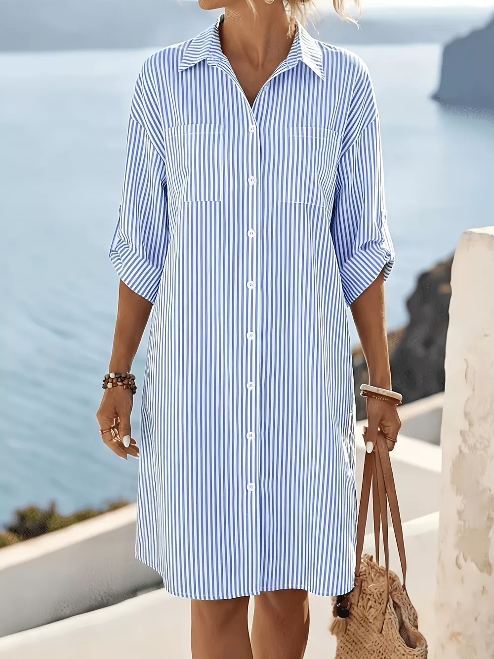 Striped Button-Down Shirt Dress, image 2